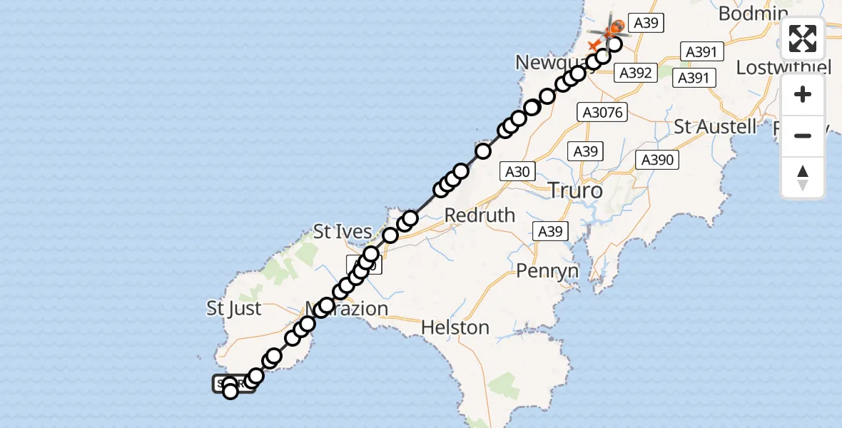 Flight path map showing Coastguard Helicopter route from Porthcurno to Cornwall Airport Newquay