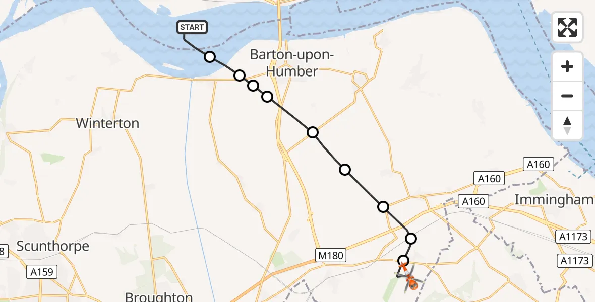 Flight path map showing Coastguard Helicopter route from Welton to Humberside Airport