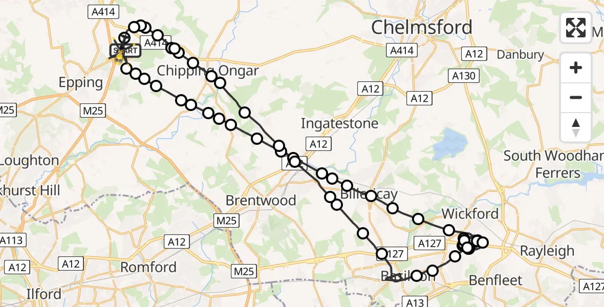 Flight path map showing Police Helicopter route from North Weald Airfield to North Weald Airfield