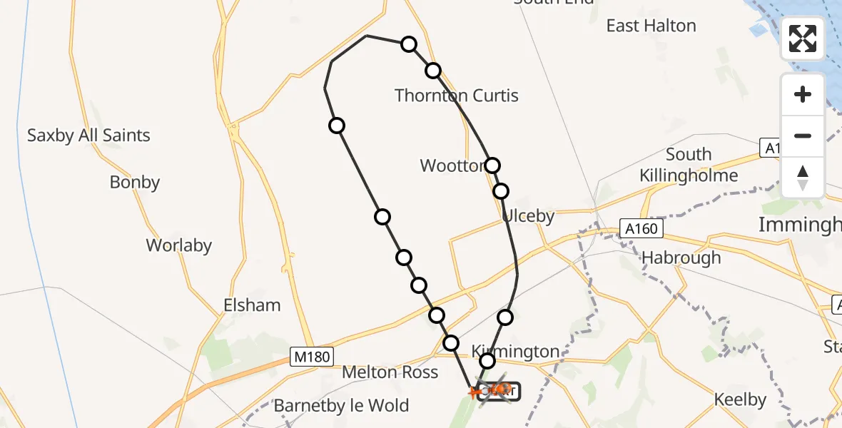 Flight path map showing Coastguard Helicopter route from Humberside Airport to Humberside Airport