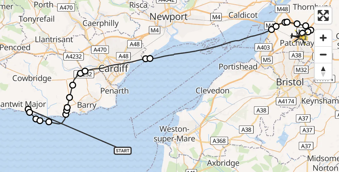 Flight path map showing Police Helicopter route from Bristol Channel to Patchway