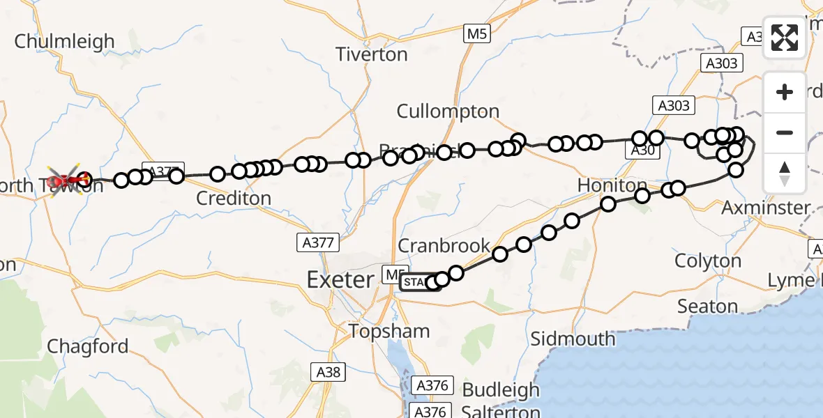 Flight path map showing Air Ambulance Helicopter route from Clyst Honiton to North Tawton