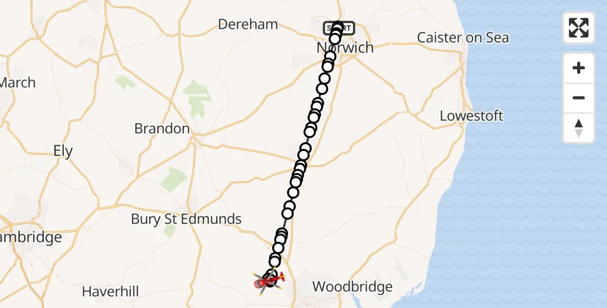 Routekaart van de vlucht: Air Ambulance Helicopter to Offton, Bildeston Road