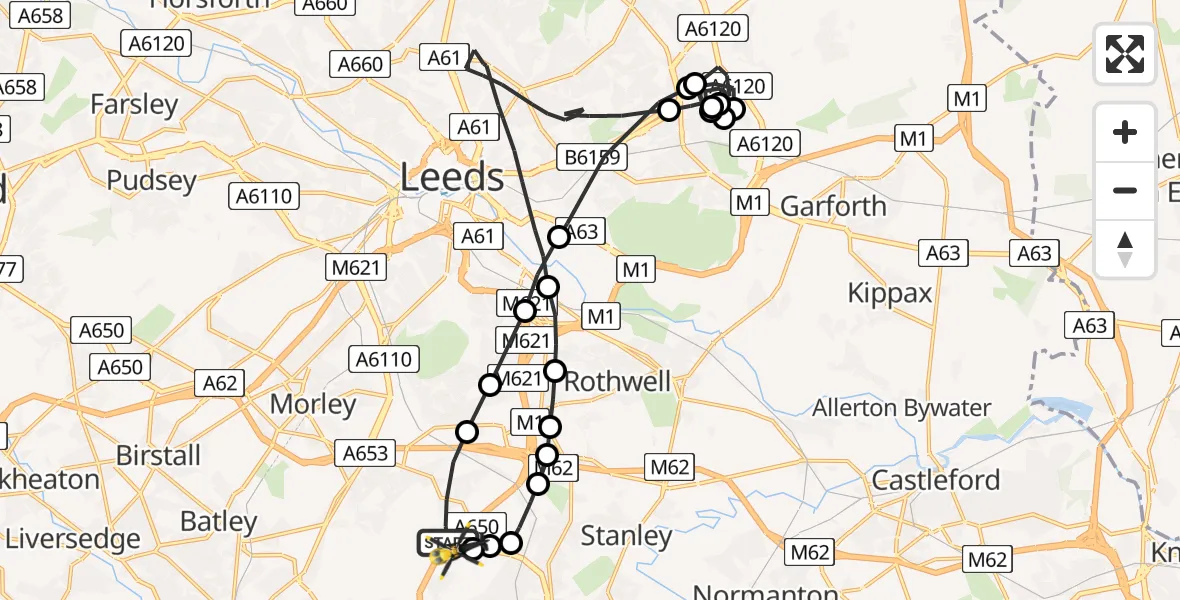 Flight path map showing Police Helicopter route from East Ardsley to East Ardsley