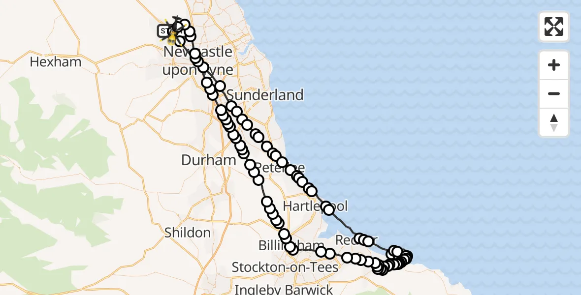 Flight path map showing Police Helicopter route from Newcastle International Airport to Newcastle International Airport