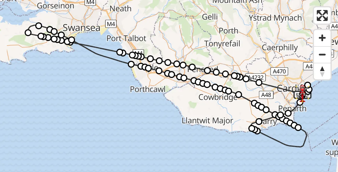 Flight path map showing Air Ambulance Helicopter route from Cardiff Heliport to Cardiff Heliport