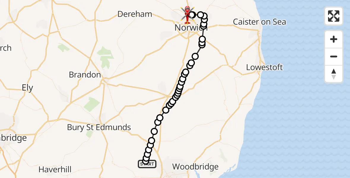 Flight path map showing Air Ambulance Helicopter route from Offton to Norwich Airport