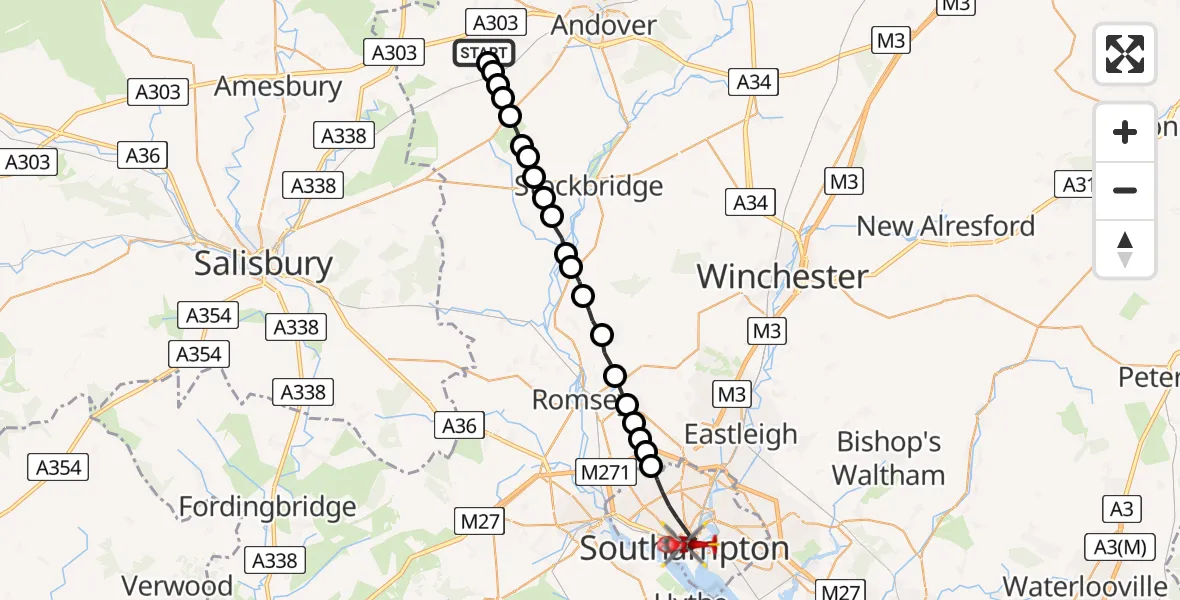 Flight path map showing Air Ambulance Helicopter route from Amport to Southampton