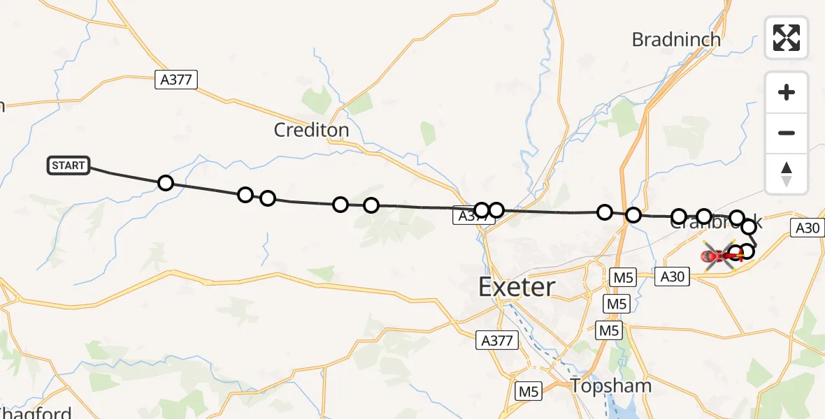 Flight path map showing Air Ambulance Helicopter route from Mid Devon to Rockbeare