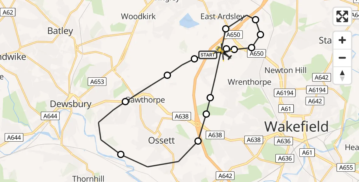 Flight path map showing Police Helicopter route from East Ardsley to East Ardsley