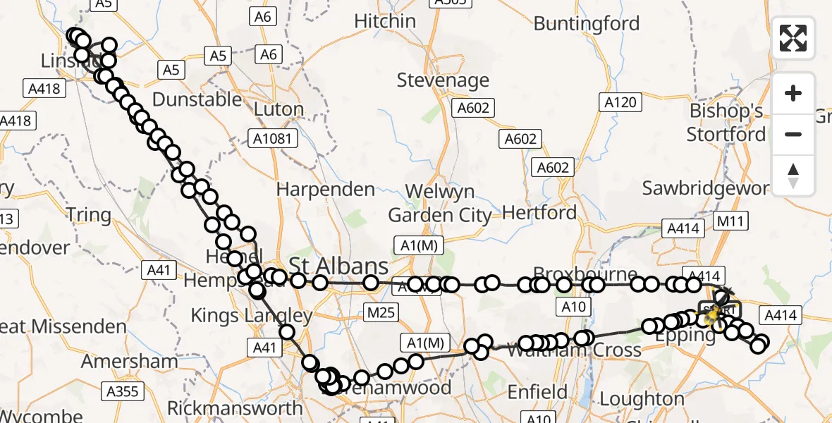 Flight path map showing Police Helicopter route from North Weald Airfield to North Weald Airfield