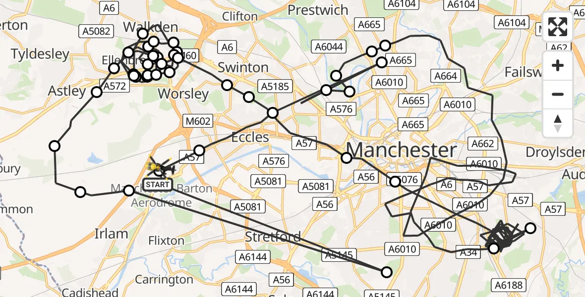 Flight path map showing Police Helicopter route from Manchester Barton Aerodrome to Manchester Barton Aerodrome
