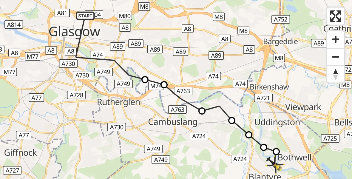 Flight path map showing Police Helicopter route from Glasgow to Blantyre