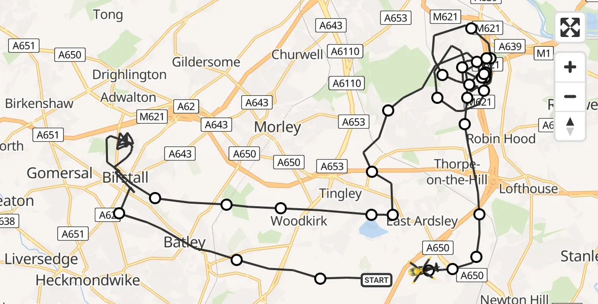 Flight path map showing Police Helicopter route from Woodkirk to East Ardsley