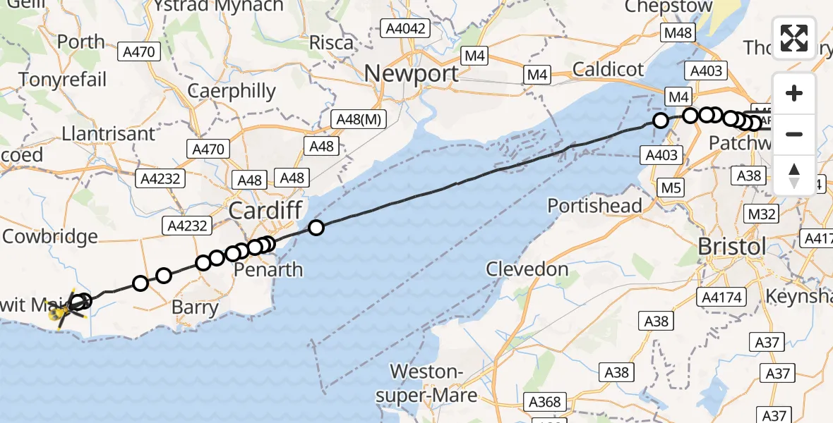 Flight path map showing Police Helicopter route from Almondsbury Helicopter Base to MOD St Athan