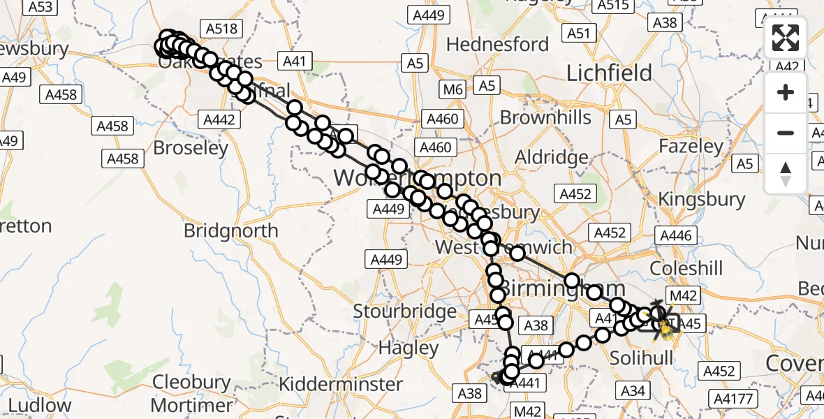 Flight route Police Helicopter Birmingham Airport - Birmingham Airport, 11 March 2026, 22:08