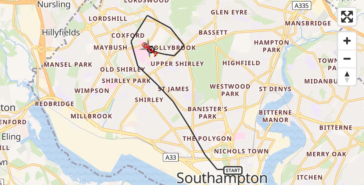 Flight path map showing Air Ambulance Helicopter route from Southampton to University Hospital Southampton