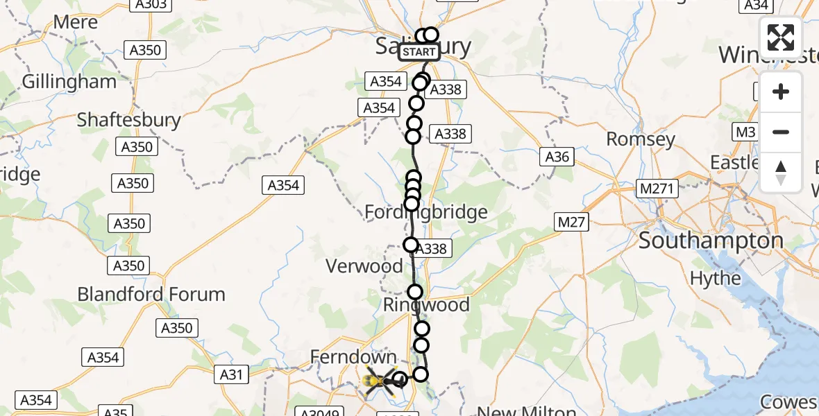 Flight path map showing Police Helicopter route from Salisbury to Bournemouth Airport