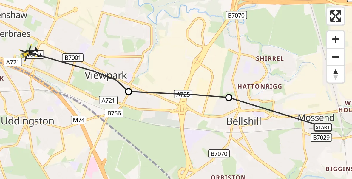 Flight path map showing Police Helicopter route from Mossend to Calderbraes