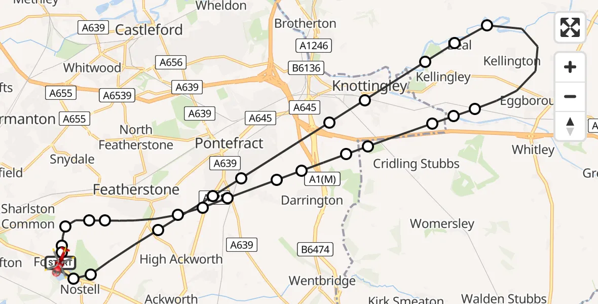 Flight path map showing Air Ambulance Helicopter route from YAA Nostell Helicopter Port to YAA Nostell Helicopter Port