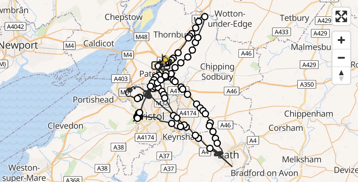 Flight path map showing Police Helicopter route from Almondsbury Helicopter Base to Almondsbury Helicopter Base