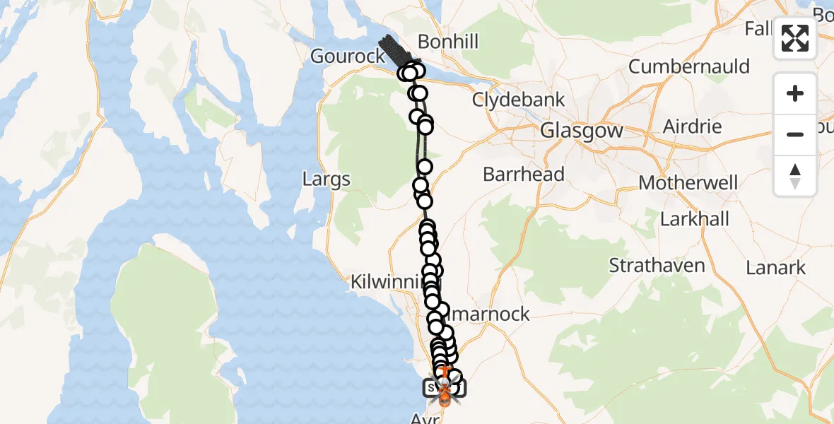 Flight path map showing Coastguard Helicopter route from Glasgow Prestwick Airport to Glasgow Prestwick Airport