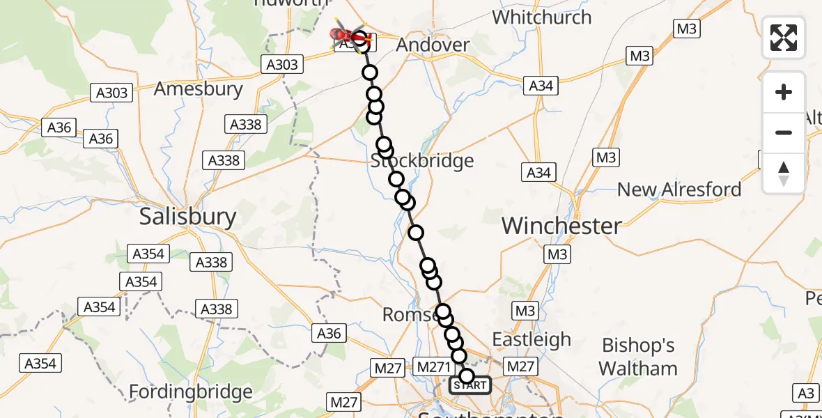 Flight path map showing Air Ambulance Helicopter route from University Hospital Southampton to Fyfield