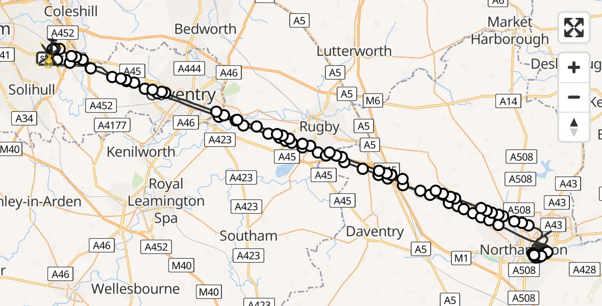 Flight route Police Helicopter Birmingham Airport - Birmingham Airport, 11 March 2026, 23:36