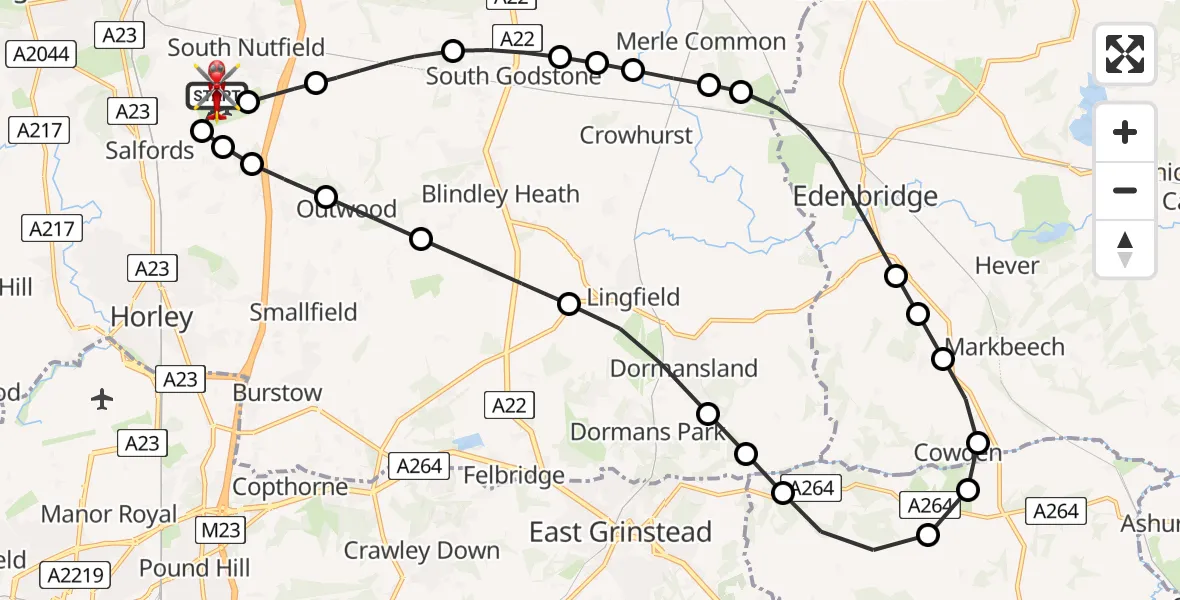 Flight path map showing Air Ambulance Helicopter route from Redhill Aerodrome to Redhill Aerodrome