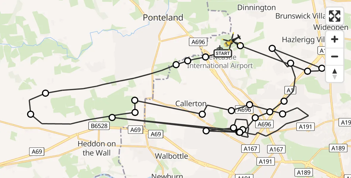 Flight path map showing Police Helicopter route from Newcastle International Airport to Newcastle International Airport