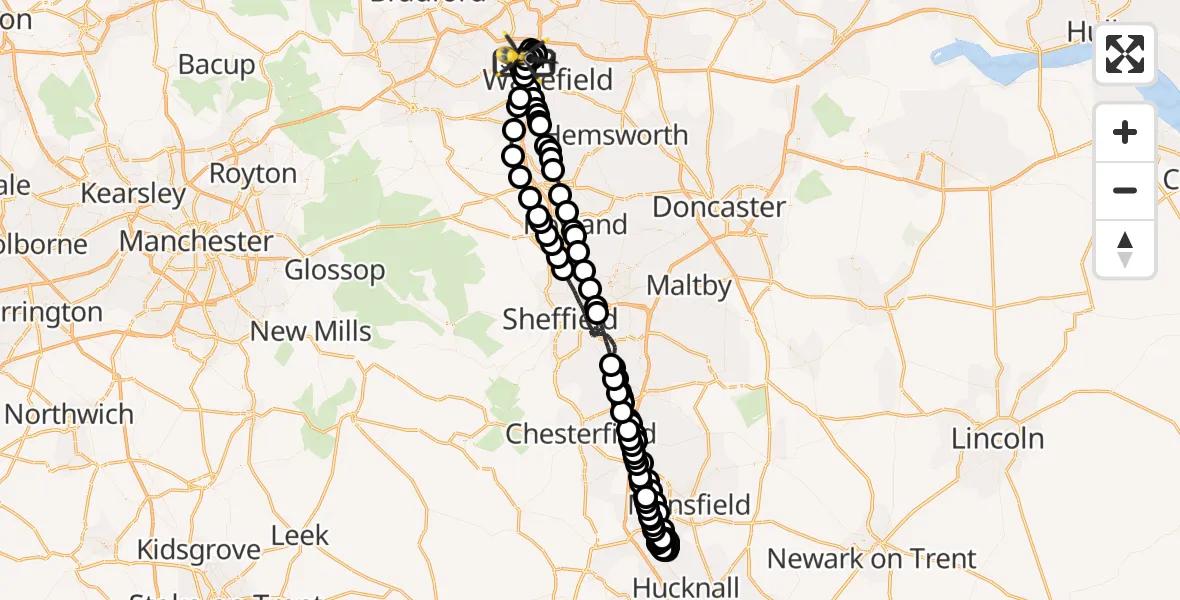 Flight path map showing Police Helicopter route from East Ardsley to East Ardsley