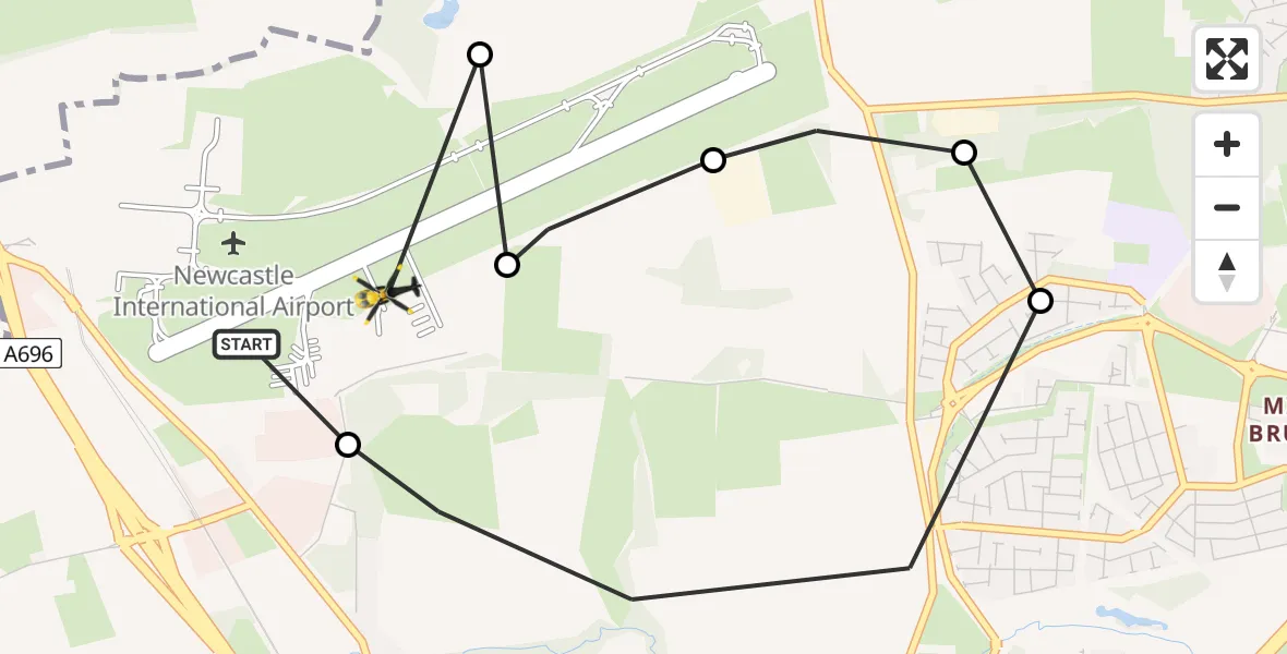 Flight path map showing Police Helicopter route from Newcastle International Airport to Newcastle International Airport