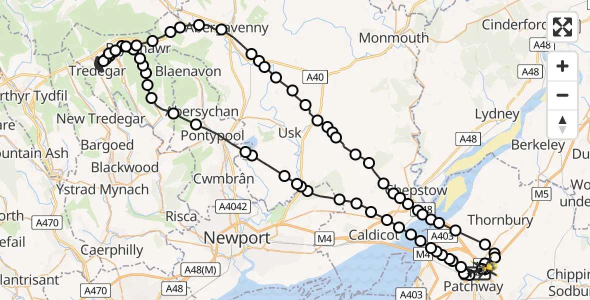 Flight path map showing Police Helicopter route from Almondsbury to Almondsbury Helicopter Base