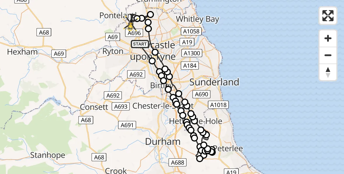 Flight path map showing Police Helicopter route from Newcastle upon Tyne to Newcastle International Airport