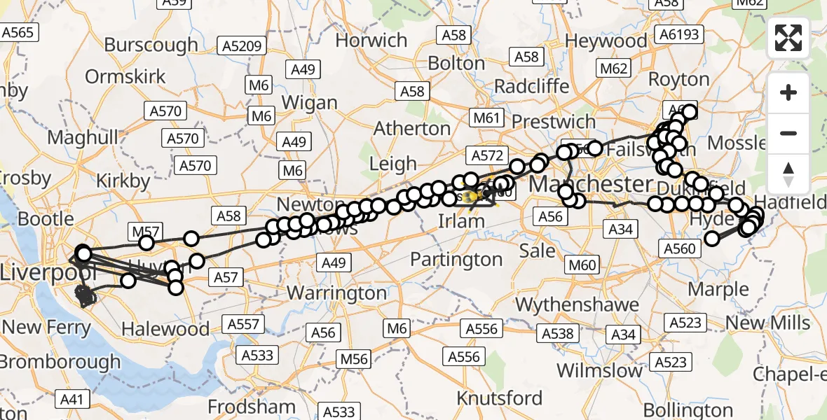 Flight path map showing Police Helicopter route from Irlam to Manchester Barton Aerodrome