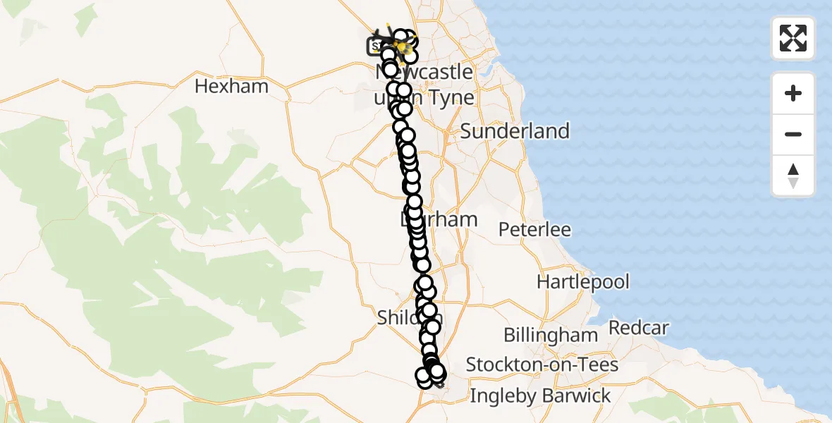 Flight path map showing Police Helicopter route from Newcastle International Airport to Newcastle International Airport