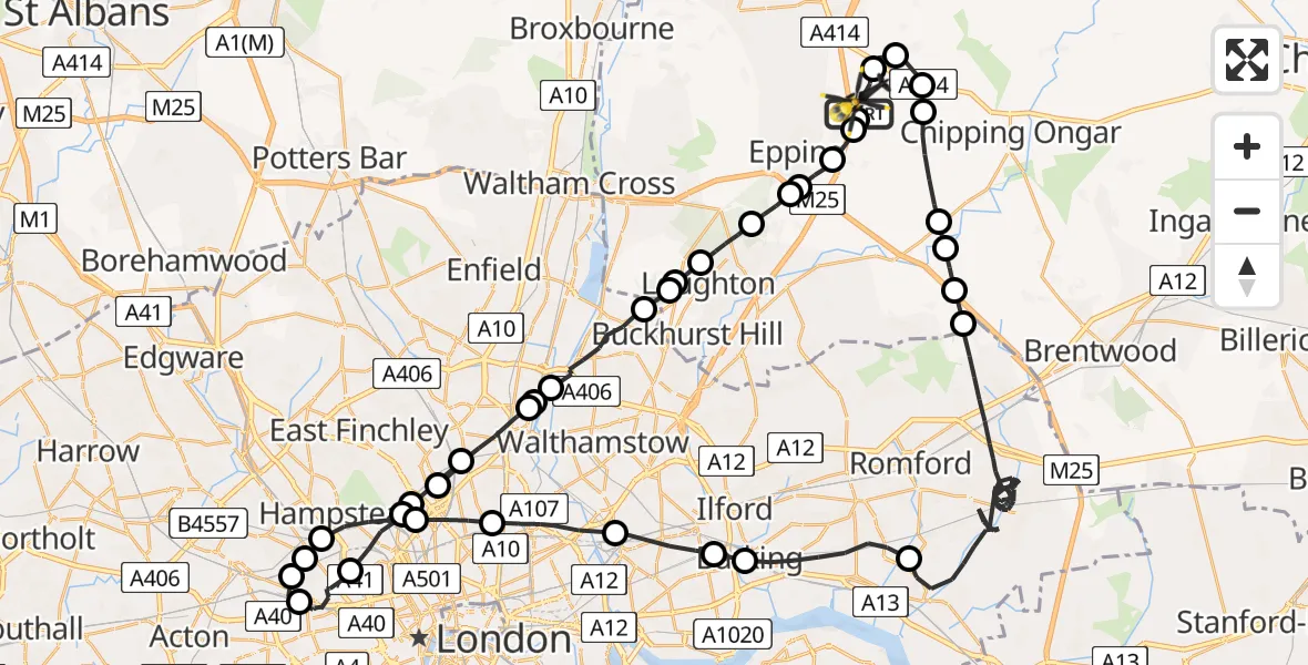 Flight path map showing Police Helicopter route from North Weald Airfield to North Weald Airfield