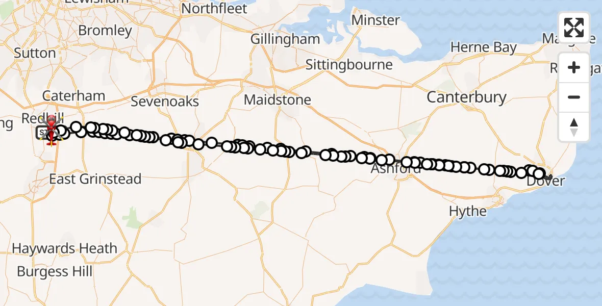 Flight path map showing Air Ambulance Helicopter route from Redhill Aerodrome to Redhill Aerodrome