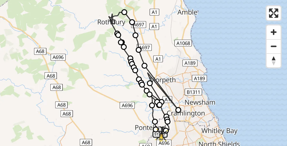 Flight path map showing Police Helicopter route from Newcastle International Airport to Newcastle International Airport