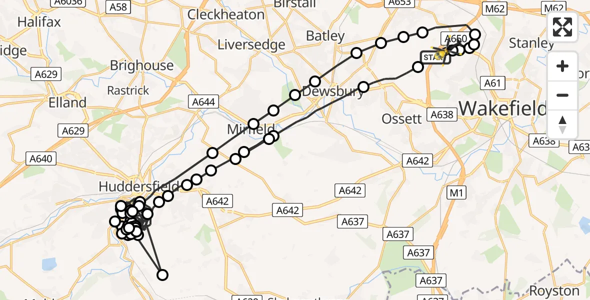 Flight path map showing Police Helicopter route from East Ardsley to East Ardsley