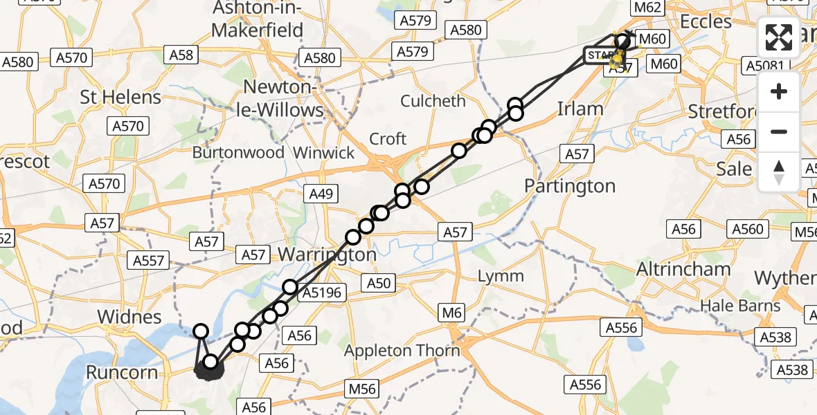 Flight path map showing Police Helicopter route from Irlam to Worsley