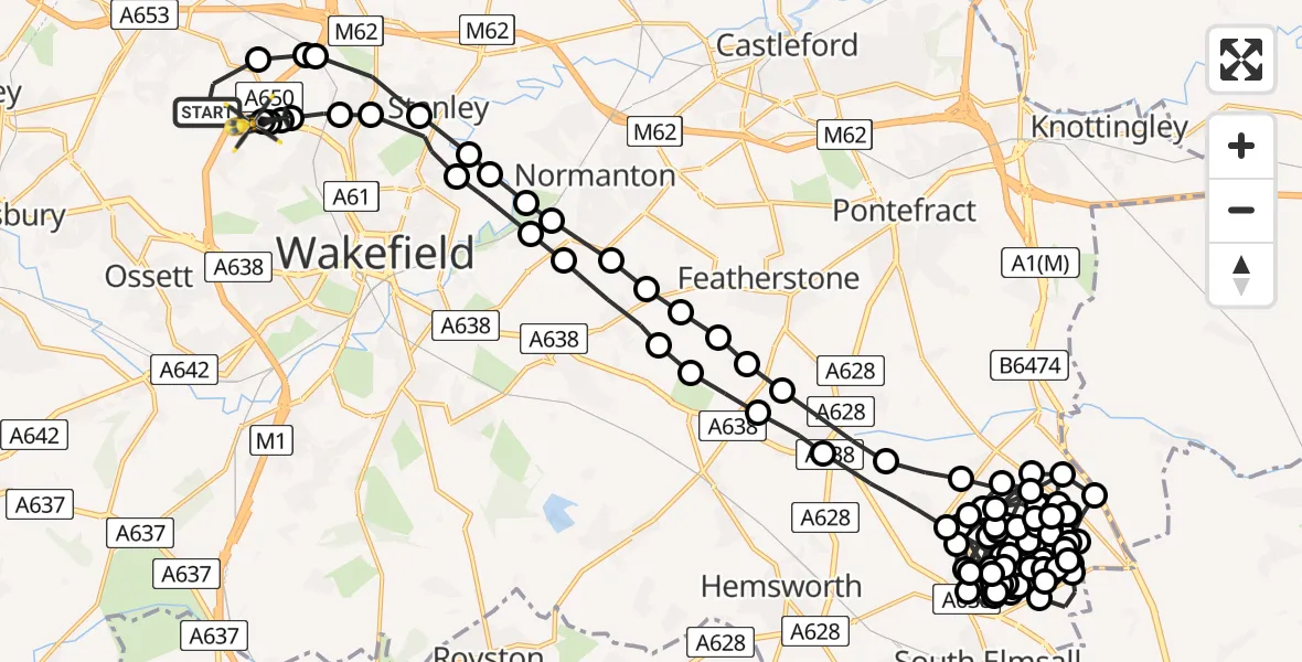 Flight path map showing Police Helicopter route from East Ardsley to East Ardsley