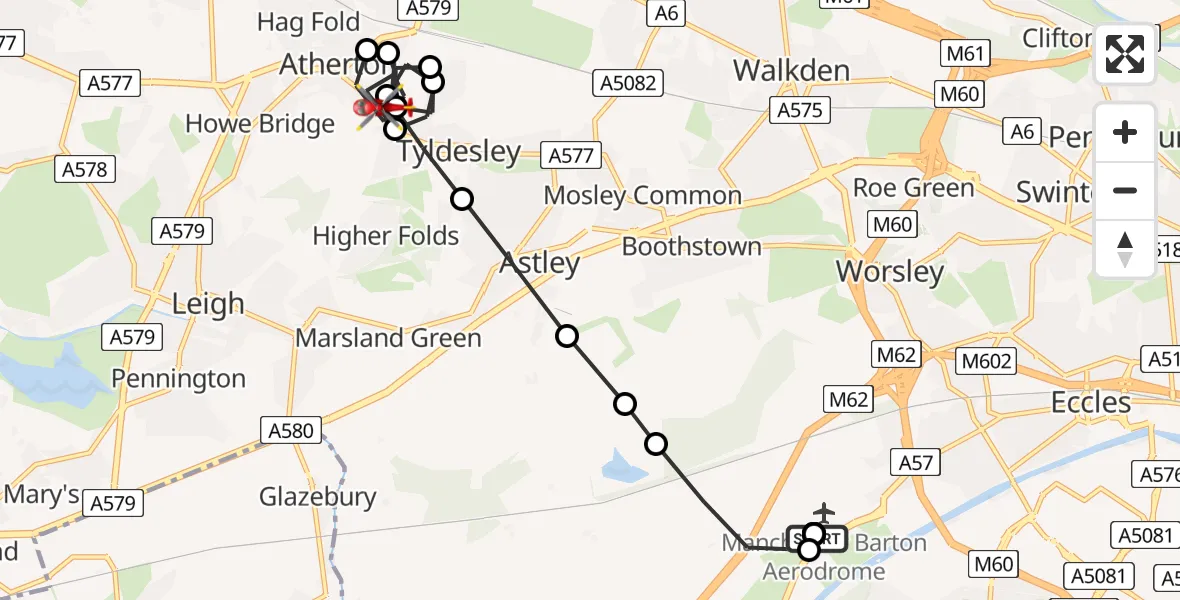 Flight path map showing Air Ambulance Helicopter route from Manchester Barton Aerodrome to Hindsford