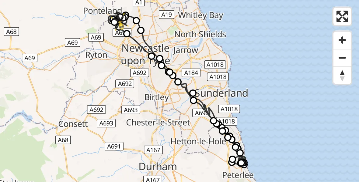 Flight path map showing Police Helicopter route from Newcastle International Airport to Newcastle upon Tyne