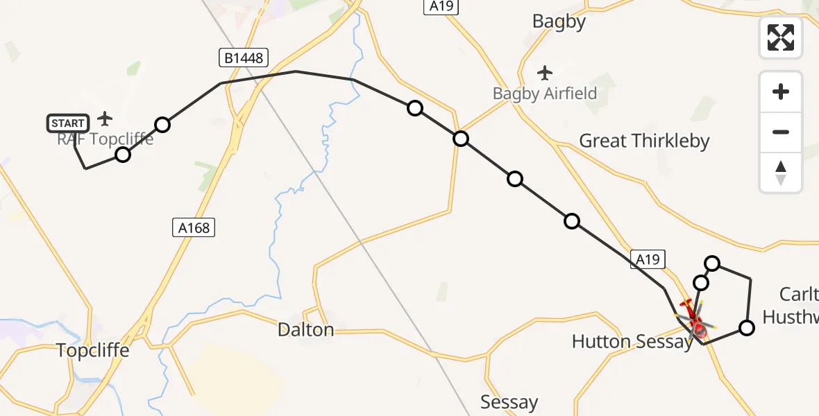 Flight path map showing Air Ambulance Helicopter route from RAF Topcliffe to Hutton Sessay