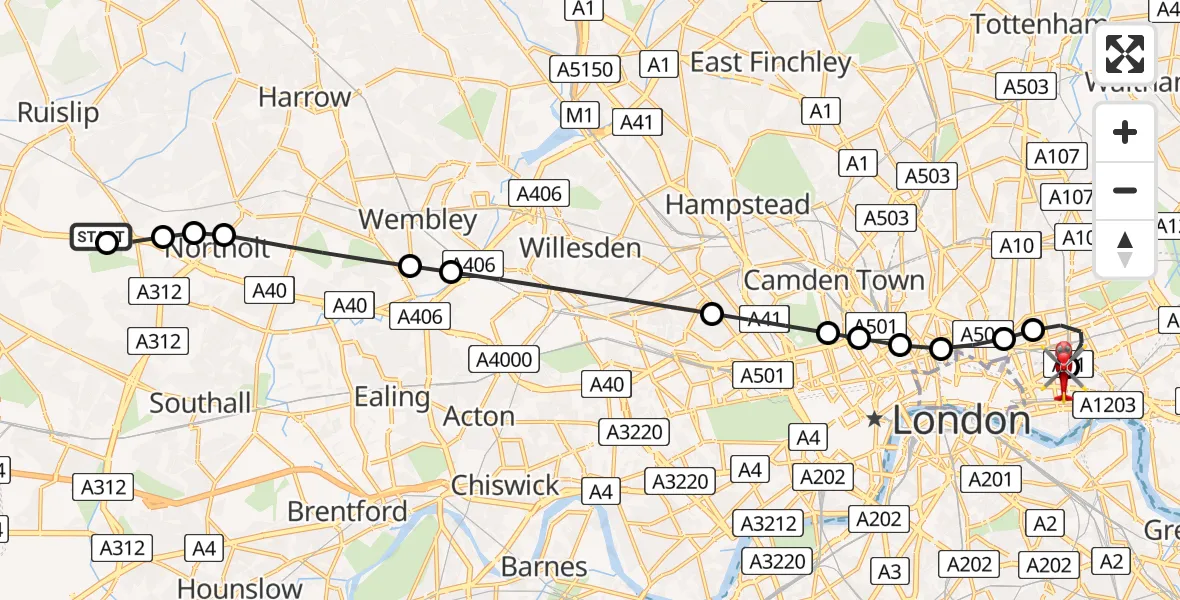 Flight path map showing Air Ambulance Helicopter route from RAF Northolt to Royal London Hospital