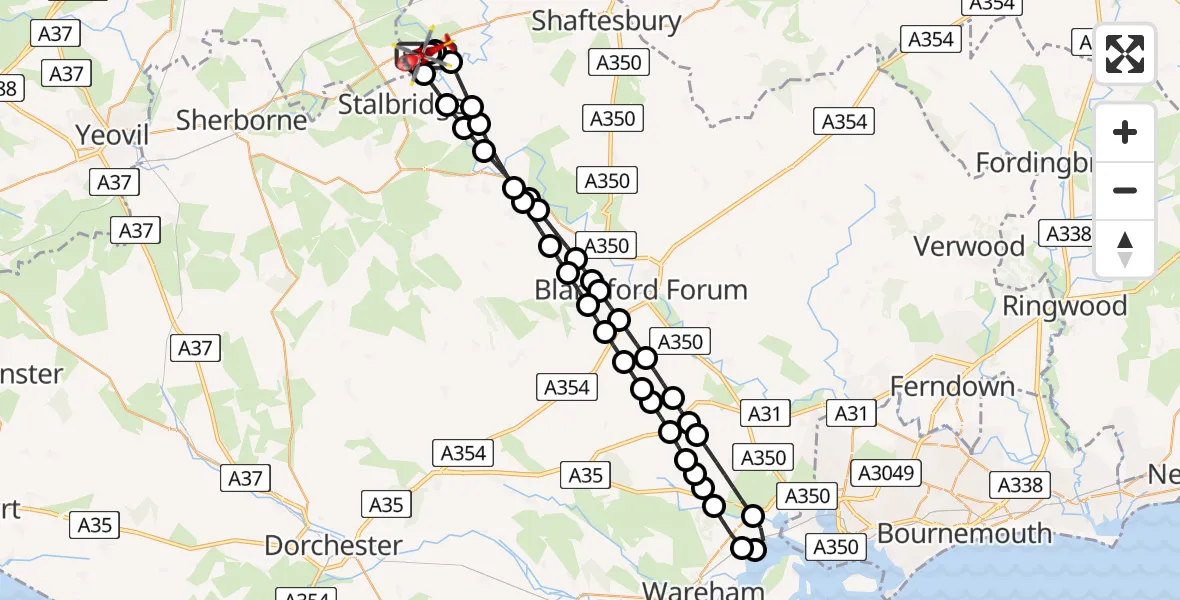 Flight path map showing Air Ambulance Helicopter route from Henstridge Airfield to Henstridge Airfield