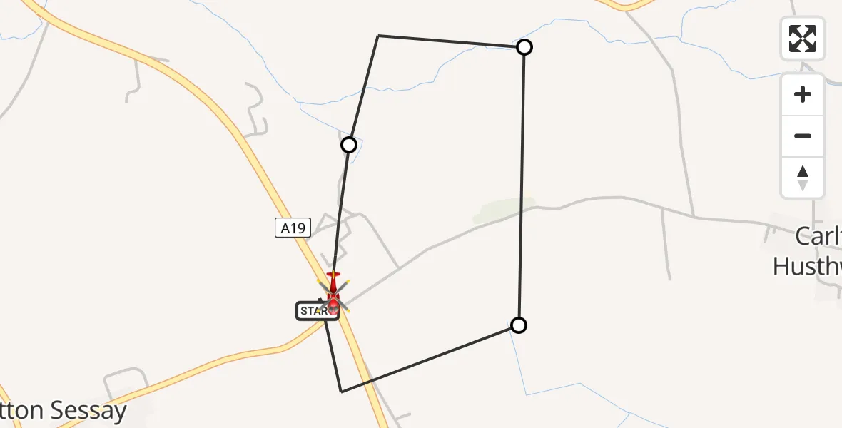 Flight path map showing Air Ambulance Helicopter route from Hutton Sessay to Hutton Sessay