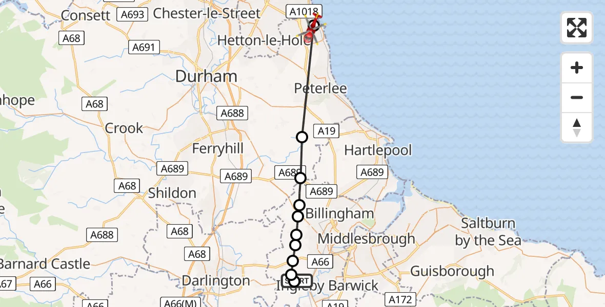 Flight path map showing Air Ambulance Helicopter route from Egglescliffe to Seaham