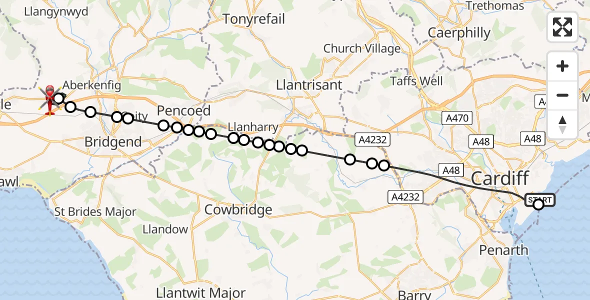 Flight path map showing Air Ambulance Helicopter route from Cardiff Heliport to Cefn Cribwr